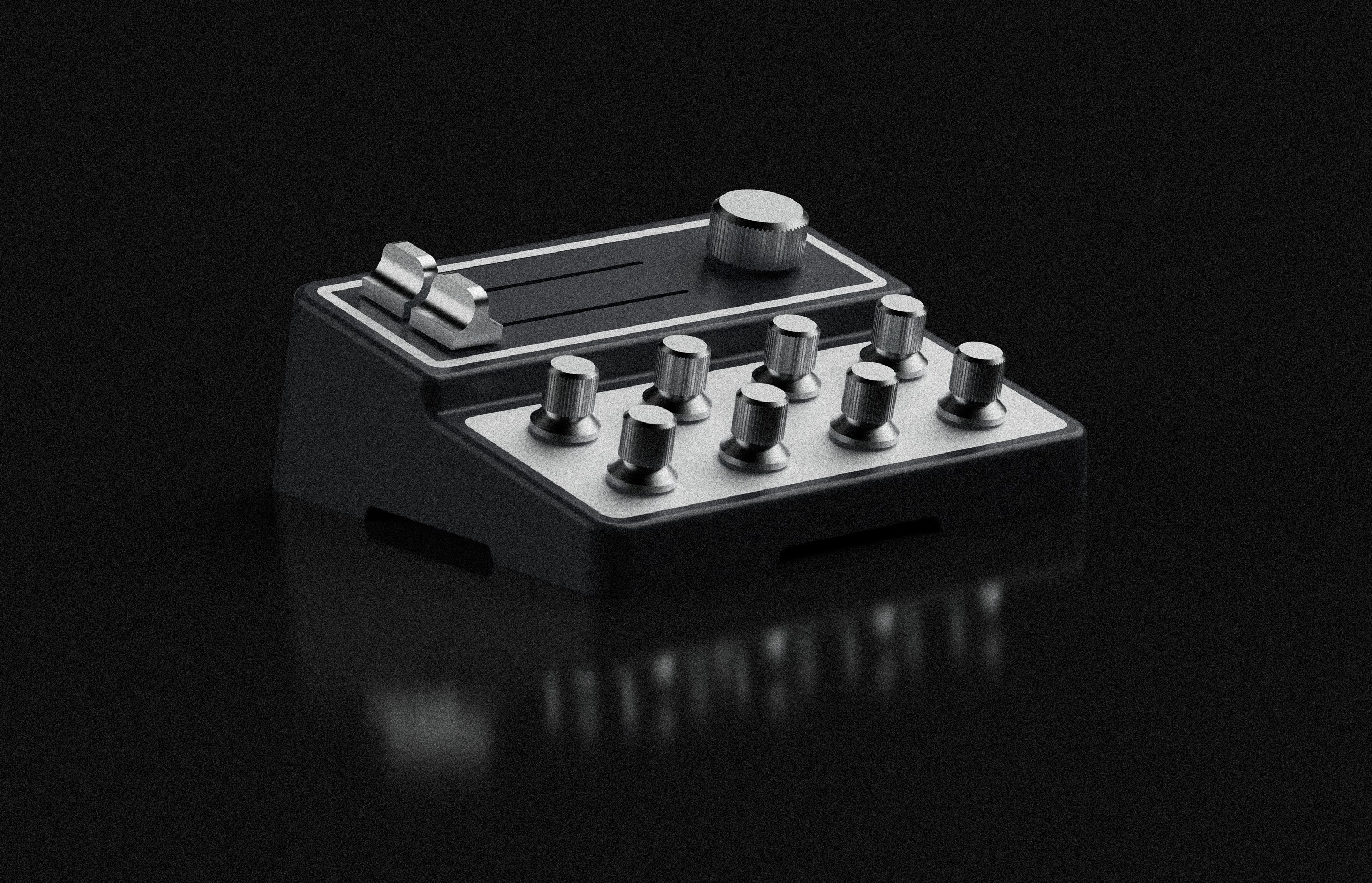 CAD rendering of a handheld audio device.